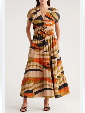 Halogen Stripe Cap Sleeve Cotton Maxi Dress Camo